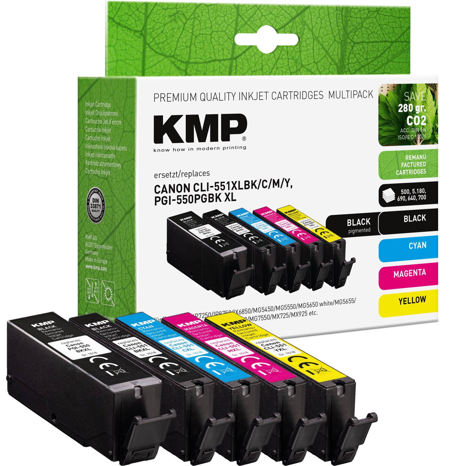 KMP - 2x schwarz cyan magenta gelb Druckerpatronen kompatibel zu Canon PGI-550 XL PGBK - Kompatibel - Tintenpatrone-0