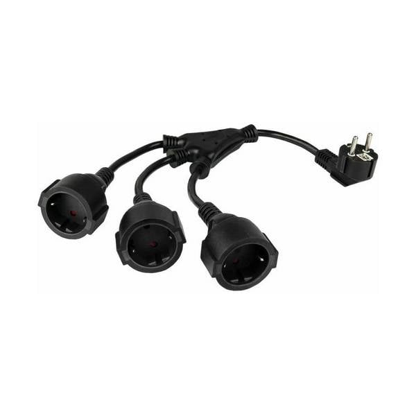 W-Netzkabel Schutzkontakt-Stecker Typ E+F (CEE 7/7, gewinkelt) an 3x Buchse, schwarz, 0,2m