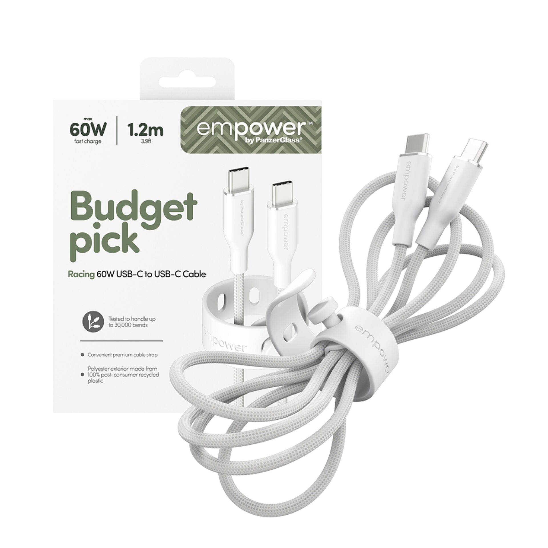 empower™ by PanzerGlass® Racing 60W USB-C to USB-C Kabel, USB 2.0, 1.2M, Silber Weiss-2