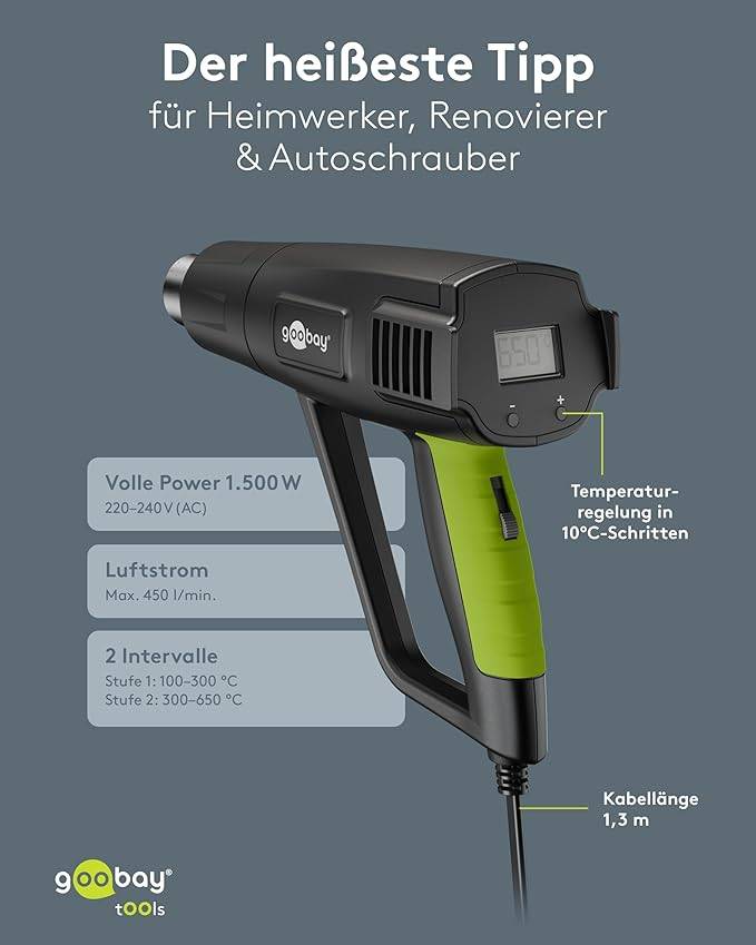 Goobay 77823 Heißluftpistole Premium, Heißluftgebläse, 1500 W, LCD, stufenlos 100-650 °C, 4 Aufsätze-2