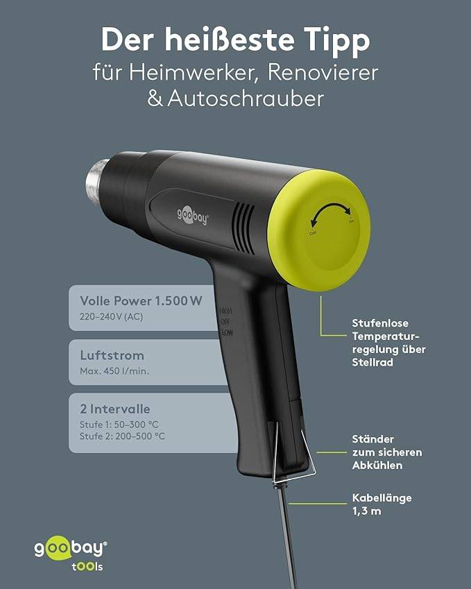 Goobay 77822 Heißluftpistole Superior, Heißluftgebläse, 1500 W, stufenlos 50-500 °C, 4 Aufsätze-5
