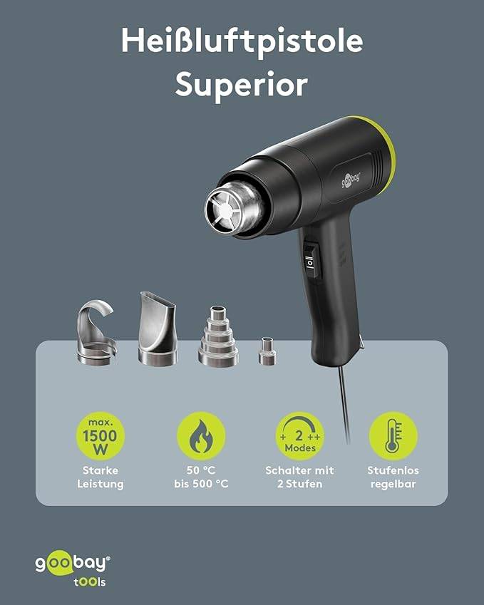 Goobay 77822 Heißluftpistole Superior, Heißluftgebläse, 1500 W, stufenlos 50-500 °C, 4 Aufsätze-2