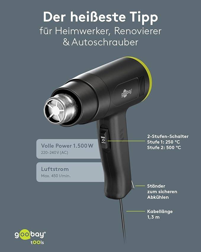 Goobay 77821 Heißluftpistole Advanced, Heißluftgebläse, 1500 W, 200-500 °C, 4 Düsen, 450 l/min-5