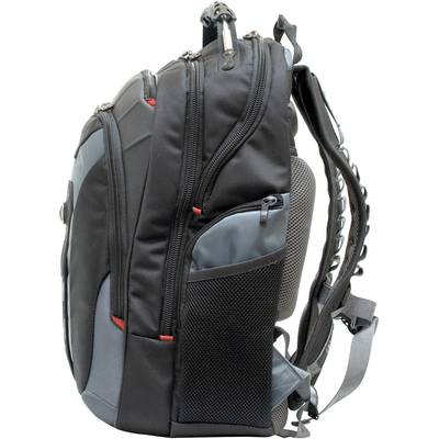 Ein schwarzer Rucksack mit mehreren Fächern und grauen Akzenten, seitlich abgebildet. Mocken sind vorhanden.