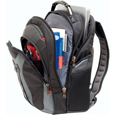 Ein geöffneter Rucksack, gefüllt mit einem Laptop, einem Notizbuch, Stiften und weiteren Büroartikeln, zeigt seine Aufbewahrungsmöglichkeiten.