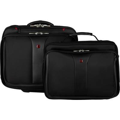 Zwei schwarze Laptoptaschen mit silbernen Reißverschlüssen. Die Taschen haben rote Markenlogos und stabile Tragegriffe.