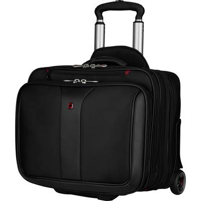 Schwarzer Rollkoffer mit ausziehbarem Griff und zwei Rädern, geeignet für Reisen. Der Koffer hat mehrere Taschen und Fächer.