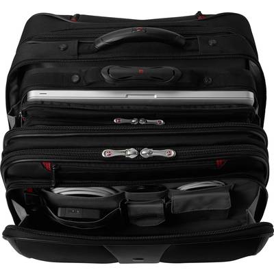 Geöffnete schwarze Aktentasche mit Laptoptasche, mehreren Fächern und Reißverschlüssen; Inhalte sichtbar, darunter ein Laptop.