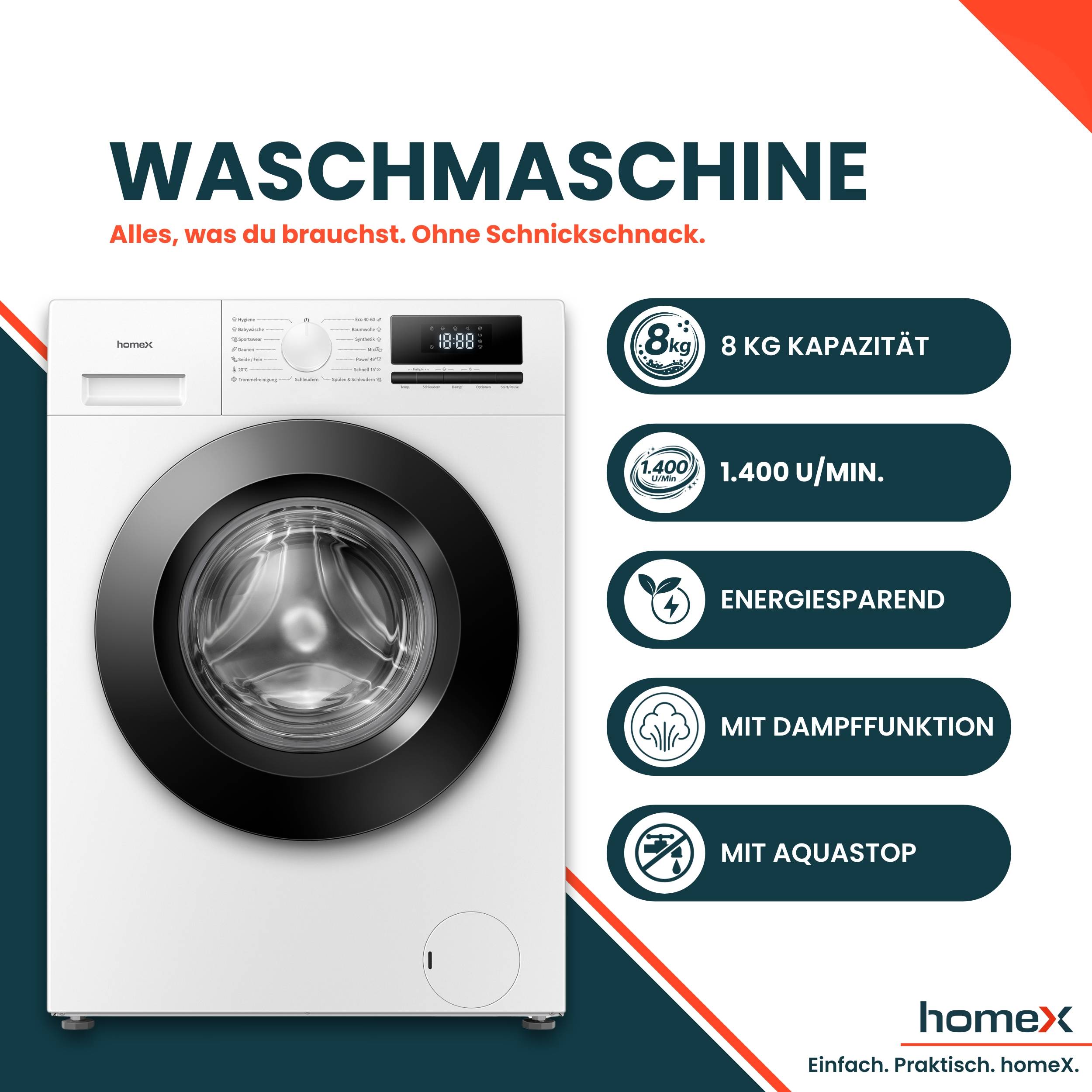 homeX WF814H1A-W Waschmaschine 8kg, Frontlader - 1.400 U/Min, Dampffunktion, AquaStop, Inverter Motor, 15 Programme-1