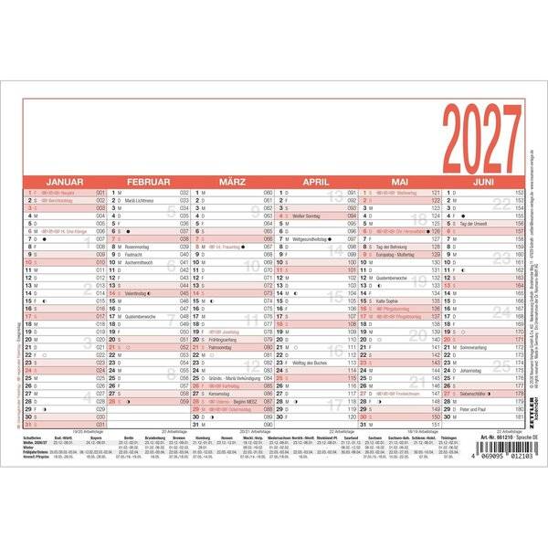 Arbeitstagekalender 904 A5 21x14,8cm 2027-0