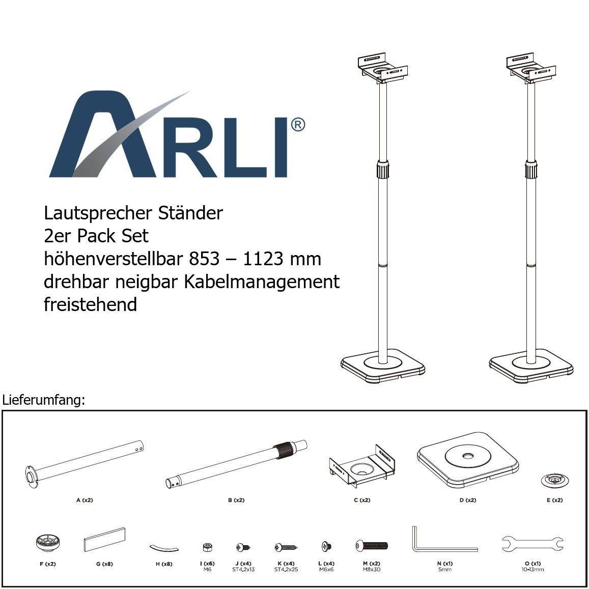 Symbolbild für Lautsprecher Ständer Set 2er Pack höhenverstellbar 853 – 1123 mm drehbar neigbar
