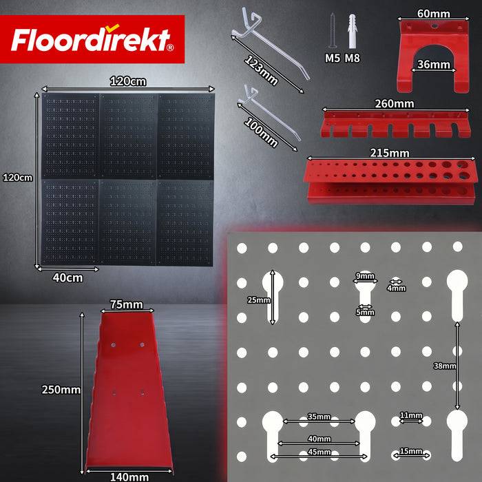 FLOORDIREKT Werkzeughalter Parker - Lochwand-Set für Werkstatt & Garage - Schwarz/Rot - 6 Platten-3