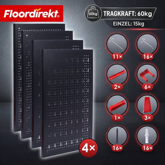 FLOORDIREKT Werkzeughalter Parker - Lochwand-Set für Werkstatt & Garage - Schwarz/Rot - 4 Platten-2
