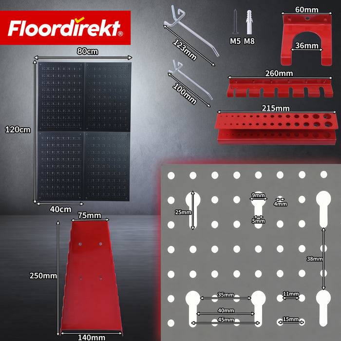 FLOORDIREKT Werkzeughalter Parker - Lochwand-Set für Werkstatt & Garage - Schwarz/Rot - 4 Platten-4