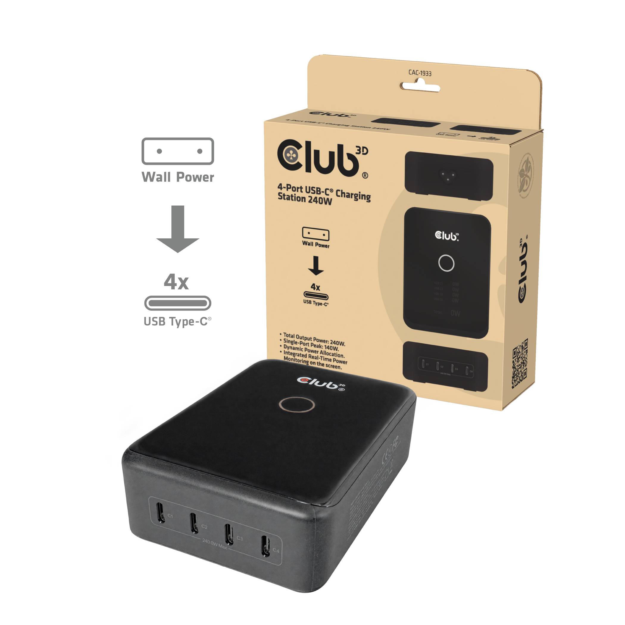 CAC-1933 Ladegerät 4-Port USB-C® 240W GaN PD 3.1 + PPS + LED Display, Drinnen, A-0