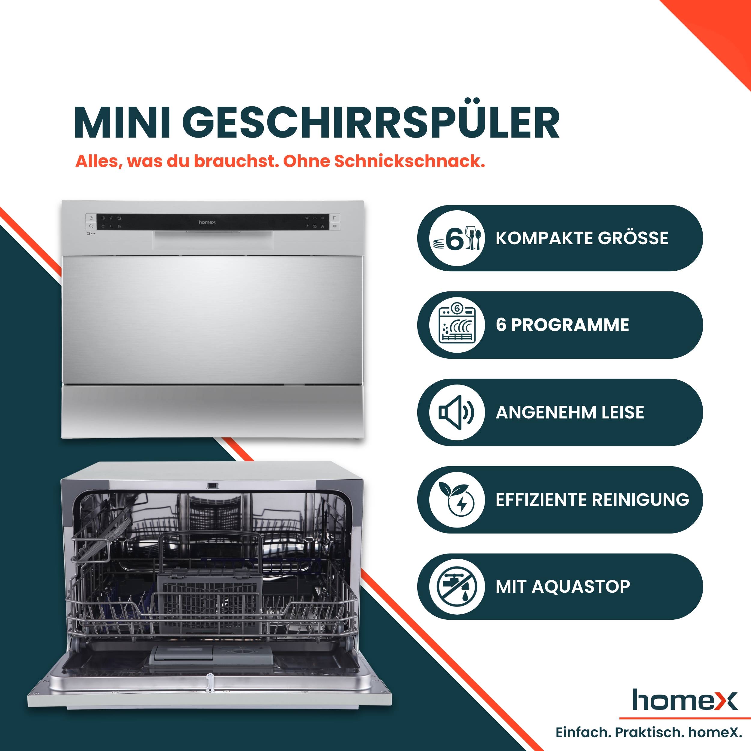 homeX GST6AD-S Tischgeschirrspüler, Mini Geschirrspüler - 6 Programme, Spülmaschine klein für 6 Maßgedecke, AquaStop-1