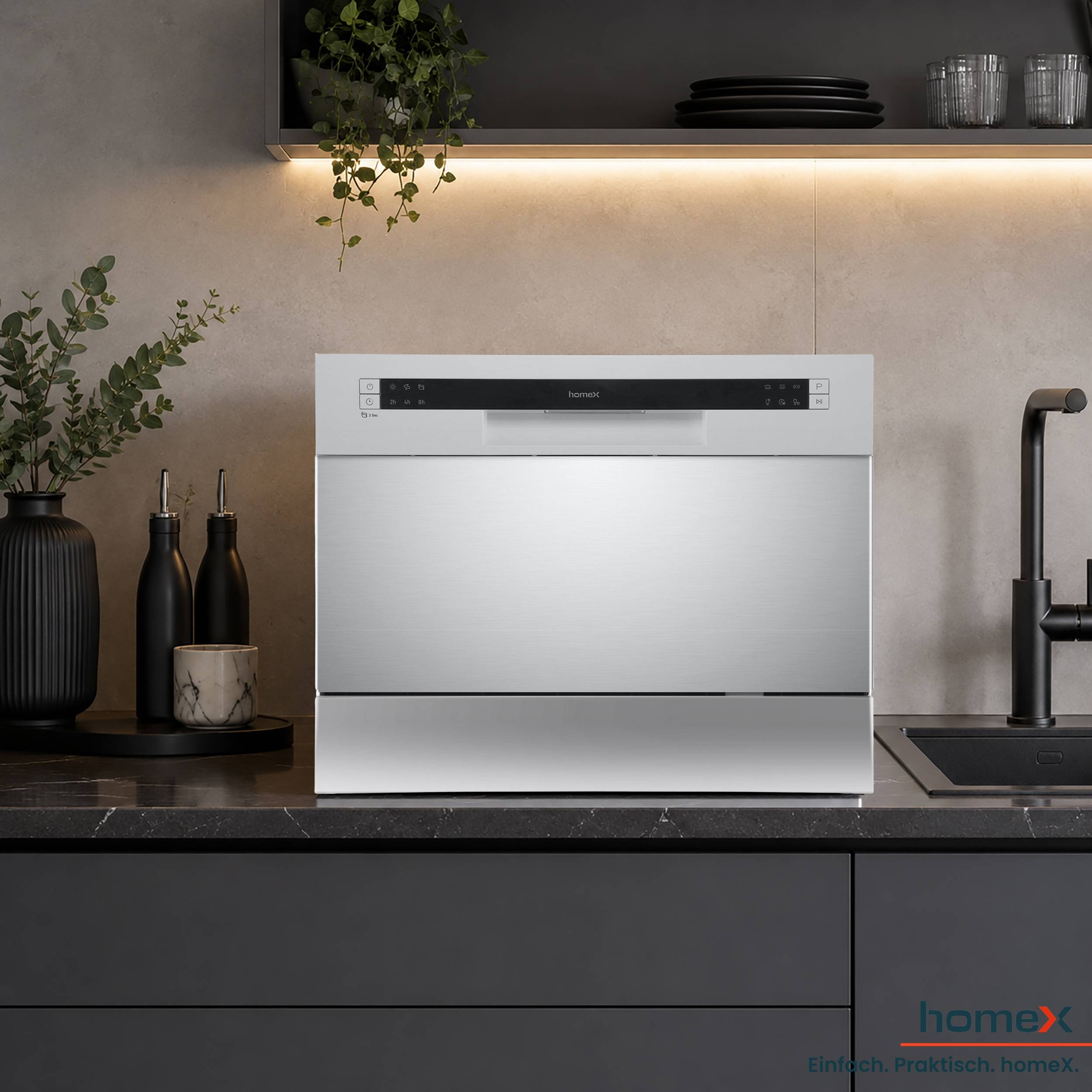 homeX GST6AD-S Tischgeschirrspüler, Mini Geschirrspüler - 6 Programme, Spülmaschine klein für 6 Maßgedecke, AquaStop-2