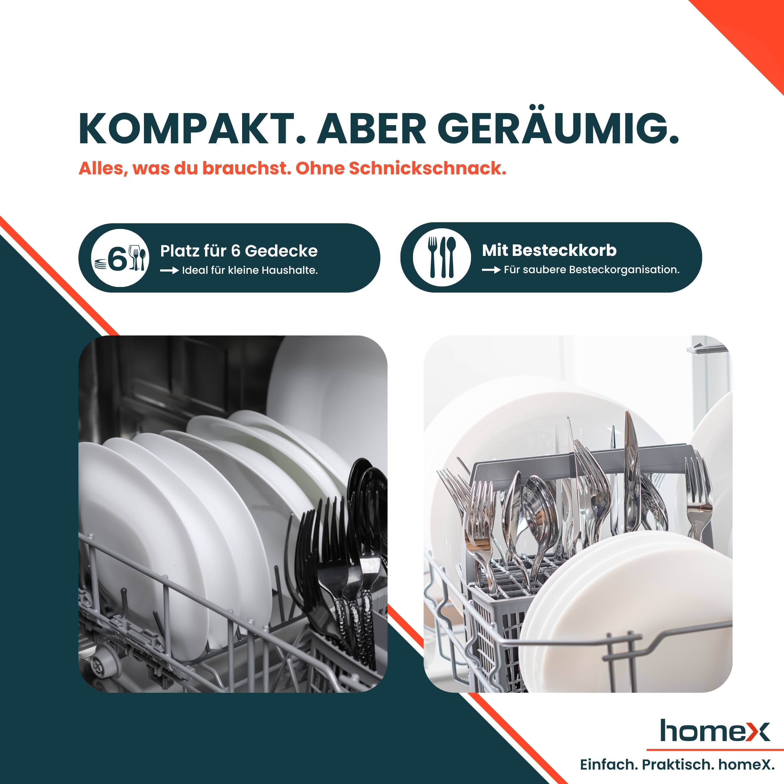 homeX GST6AD-S Tischgeschirrspüler, Mini Geschirrspüler - 6 Programme, Spülmaschine klein für 6 Maßgedecke, AquaStop-4