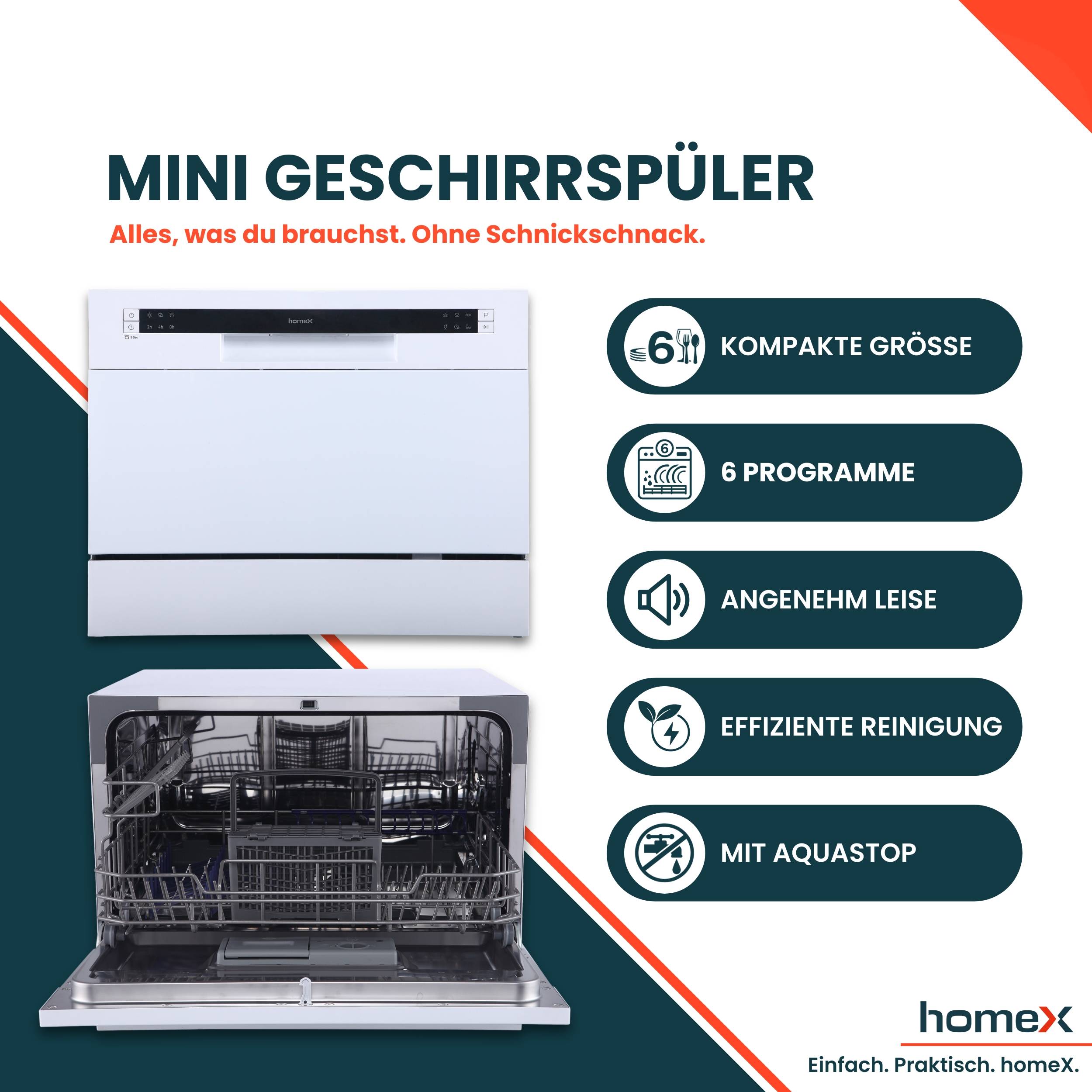 homeX GST6AD-W Tischgeschirrspüler, Mini Geschirrspüler - 6 Programme, Spülmaschine klein für 6 Maßgedecke, AquaStop-2