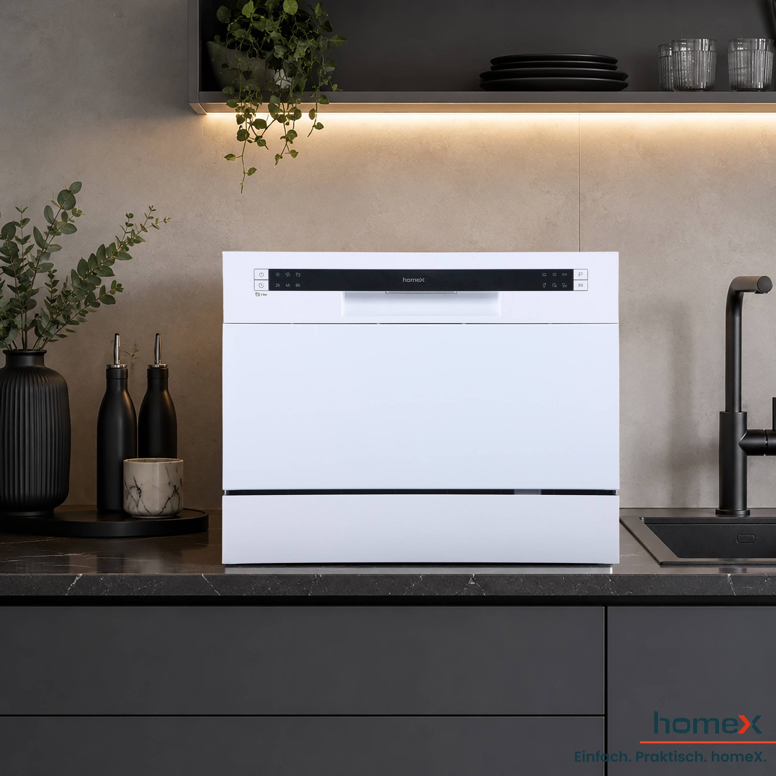 homeX GST6AD-W Tischgeschirrspüler, Mini Geschirrspüler - 6 Programme, Spülmaschine klein für 6 Maßgedecke, AquaStop-3