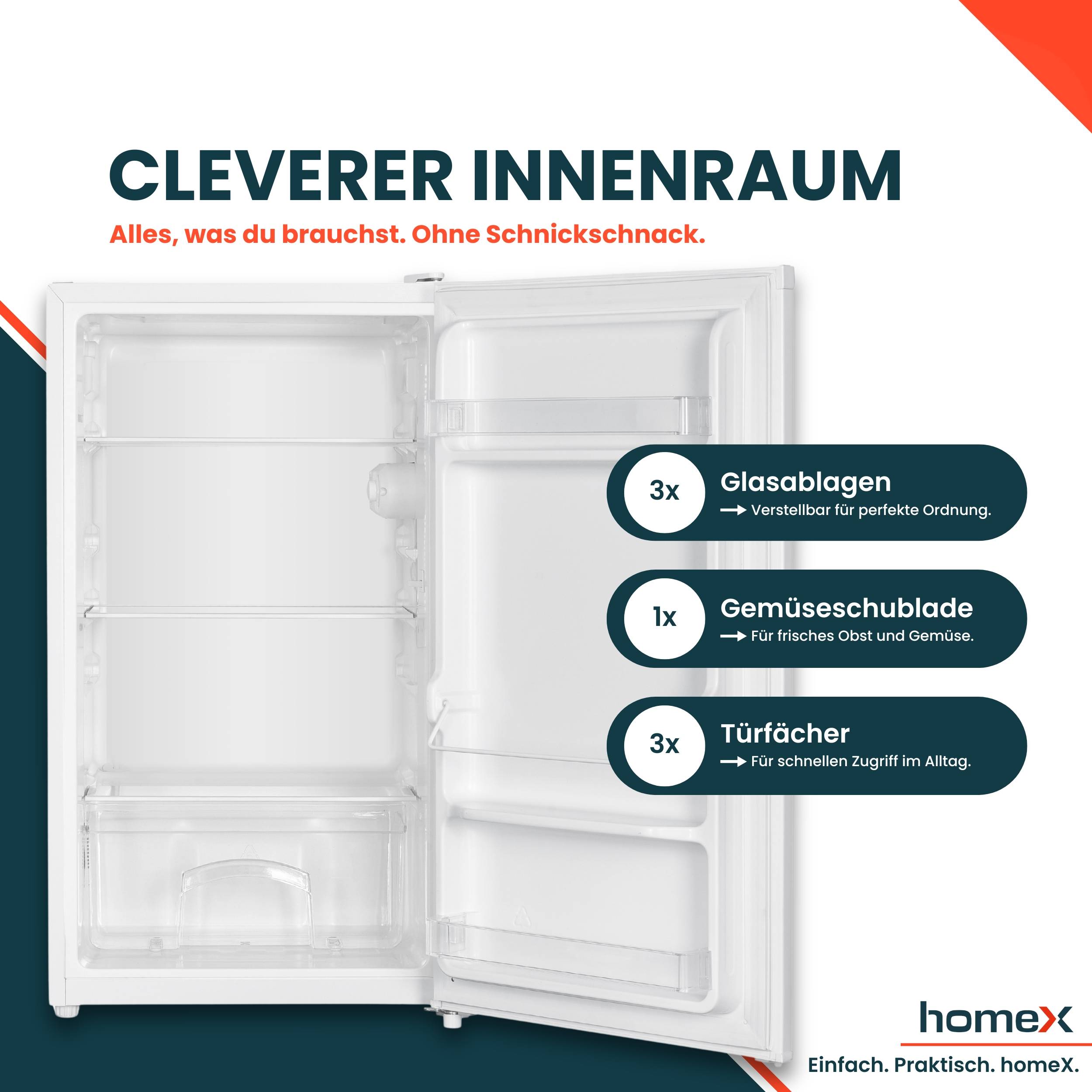 homeX CS0881-W Kühlschrank ohne Gefrierfach, Vollraumkühlschrank klein - 90L Nutzinhalt, freistehend und kompakt, weiß-3