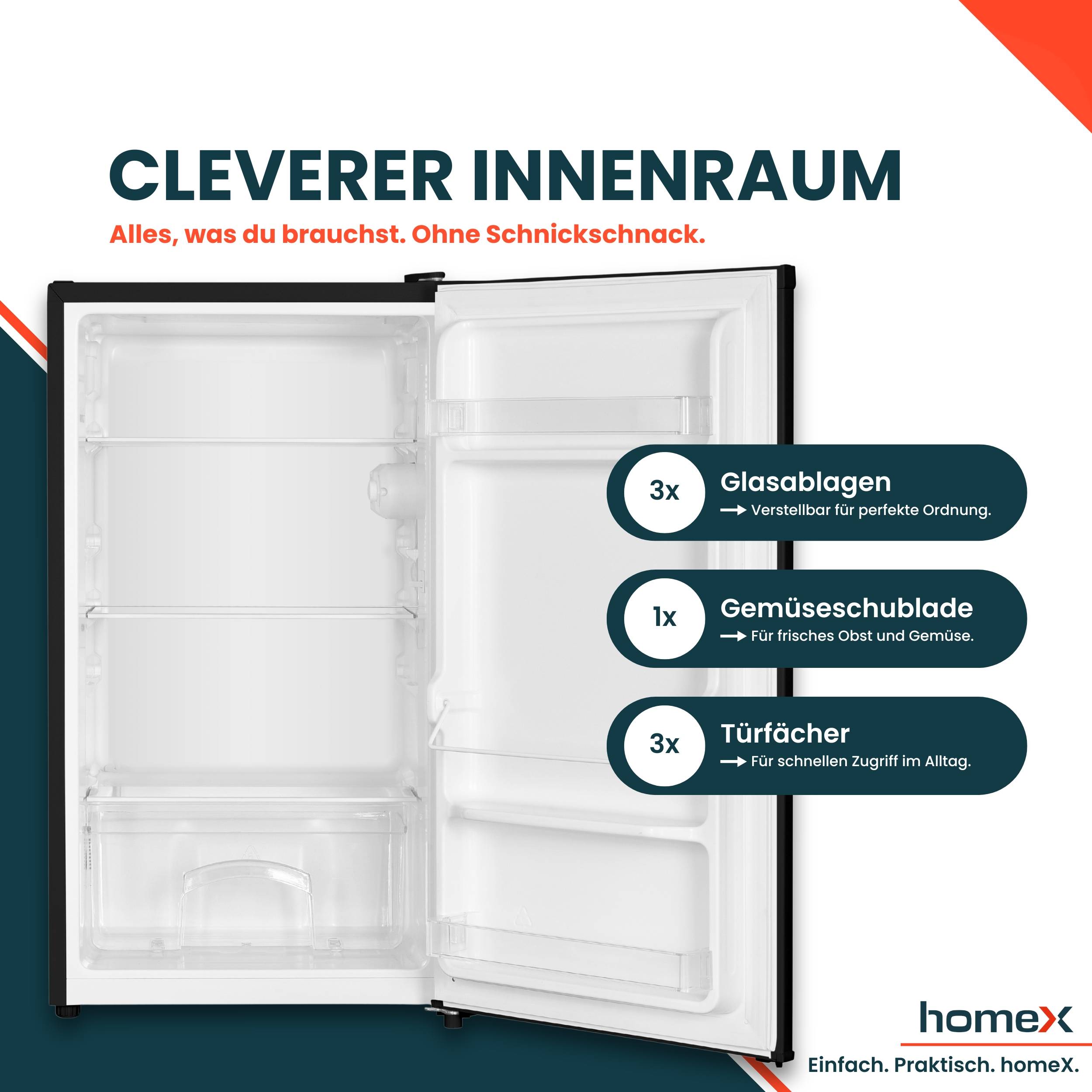 homeX CS0881-B Kühlschrank ohne Gefrierfach, Vollraumkühlschrank klein - 90L Nutzinhalt, freistehend, kompakt, schwarz-3