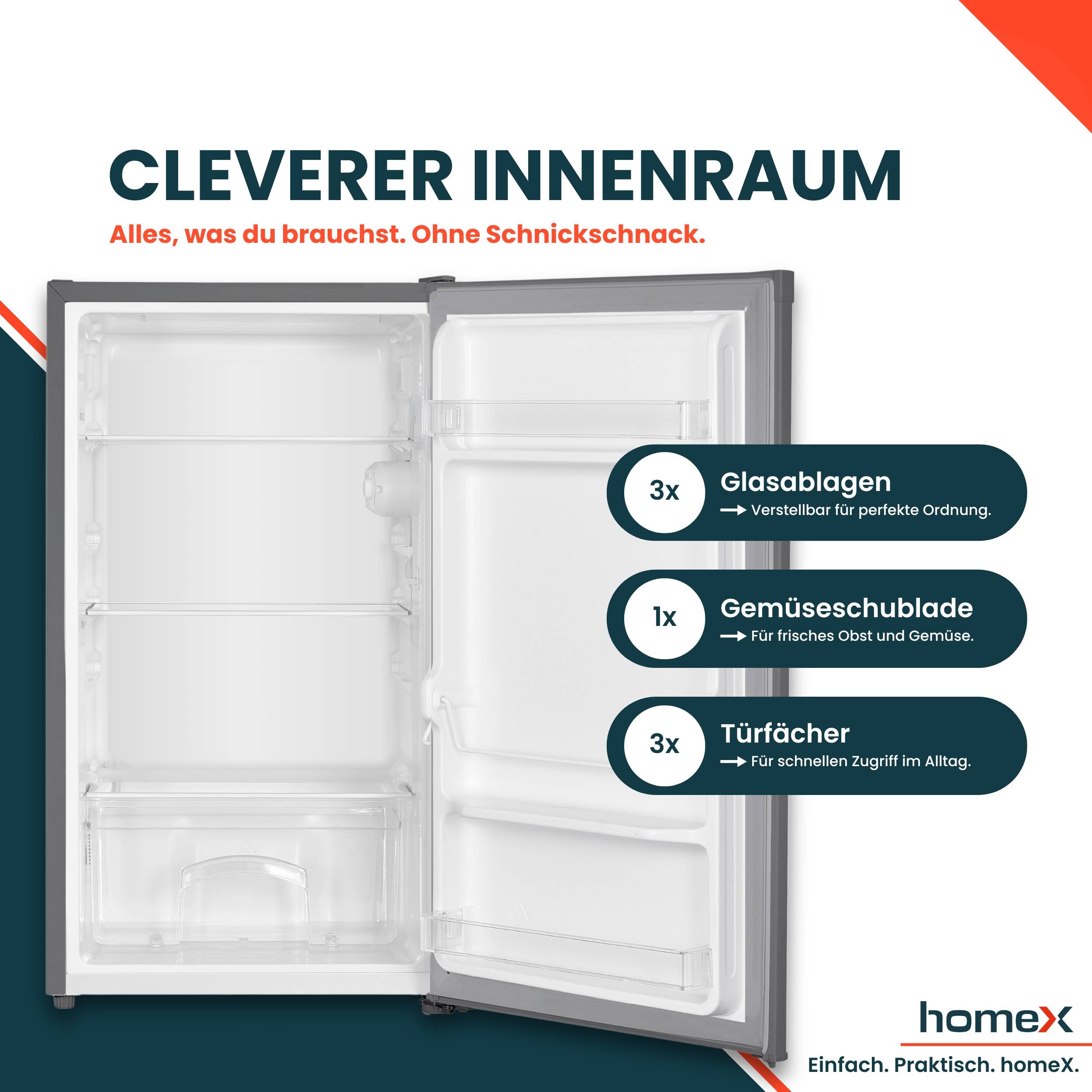 homeX CS0881-S Kühlschrank ohne Gefrierfach, Vollraumkühlschrank klein - 90L Nutzinhalt, freistehend und kompakt, silber-3
