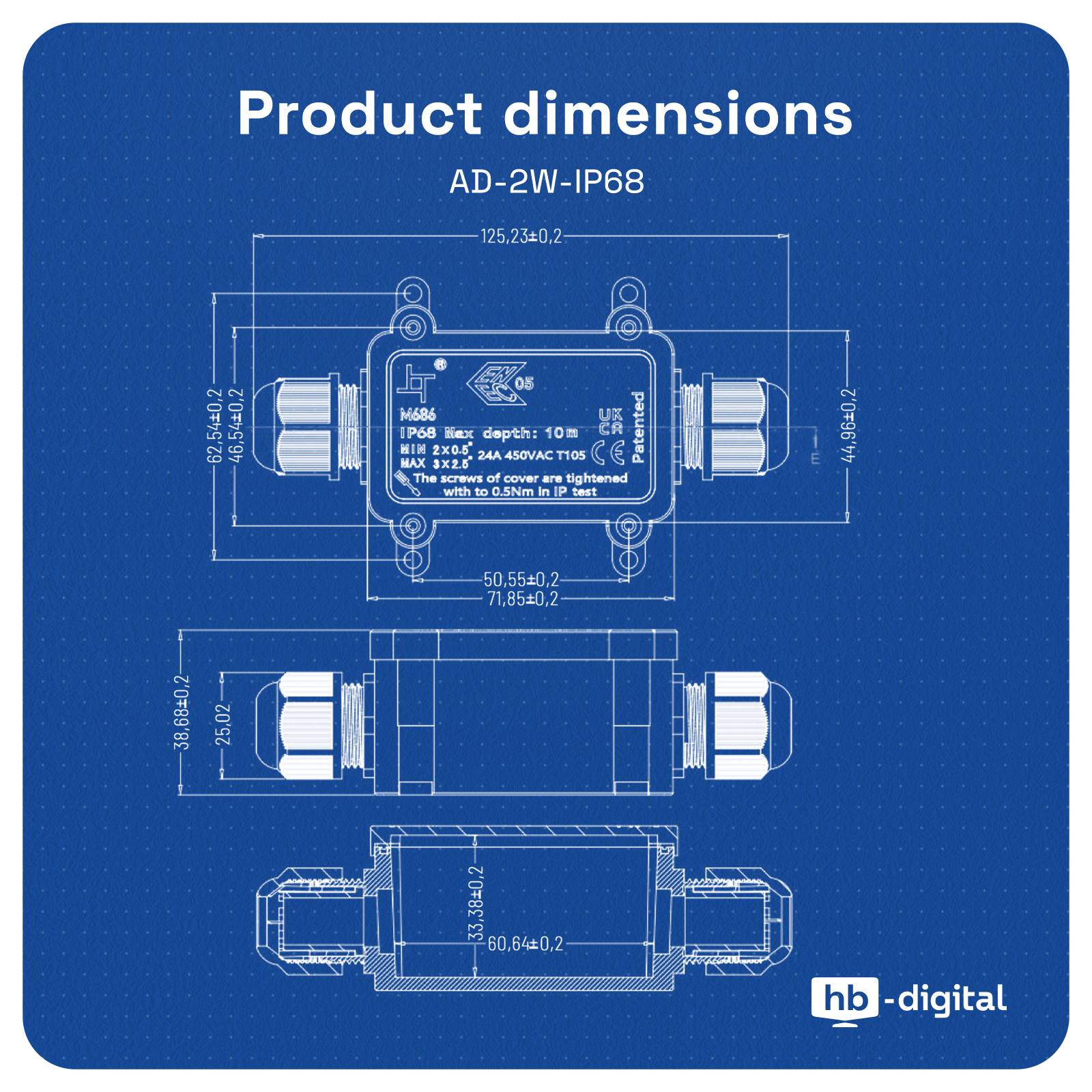 hb-digital Abzweigdose wasserdicht IP68 2 Wege Kabeldose Outdoor-3
