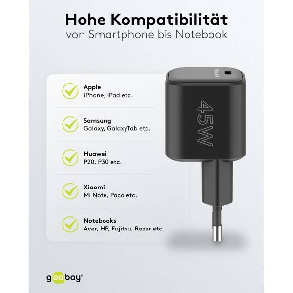 Goobay Nano USB Netzteil 45W Power Delivery GaN Charger, kompaktes universal Ladegerät, USB-C® , Schwarz-6