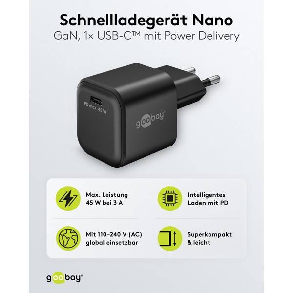 Goobay Nano USB Netzteil 45W Power Delivery GaN Charger, kompaktes universal Ladegerät, USB-C® , Schwarz-1