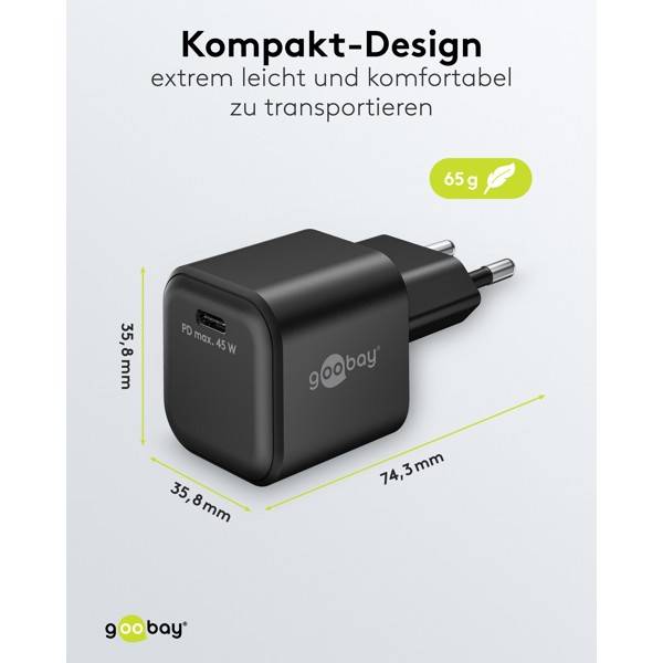 Goobay Nano USB Netzteil 45W Power Delivery GaN Charger, kompaktes universal Ladegerät, USB-C® , Schwarz-2