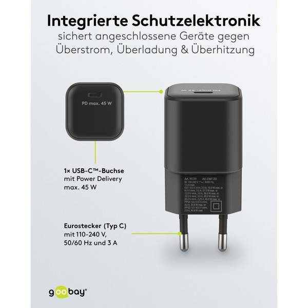 Goobay Nano USB Netzteil 45W Power Delivery GaN Charger, kompaktes universal Ladegerät, USB-C® , Schwarz-4