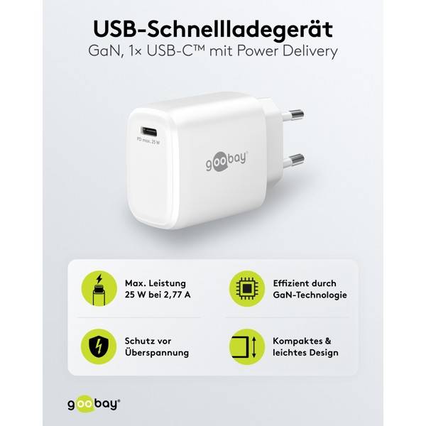 Goobay USB-C® PD GaN Schnellladegerät 25W, Netzladegerät, kompakt, weiß-1
