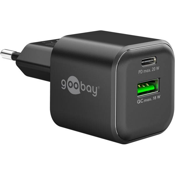 Goobay Nano Dual USB Netzteil 20 W GaN Charger, kompaktes universal Ladegerät, 1x USB-A & 1x USB-C , Schwarz-0