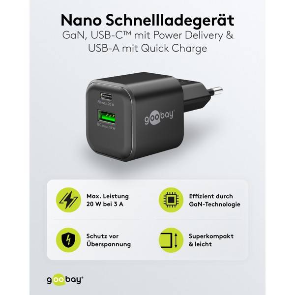 Goobay Nano Dual USB Netzteil 20 W GaN Charger, kompaktes universal Ladegerät, 1x USB-A & 1x USB-C , Schwarz-1