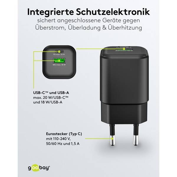 Goobay Nano Dual USB Netzteil 20 W GaN Charger, kompaktes universal Ladegerät, 1x USB-A & 1x USB-C , Schwarz-3