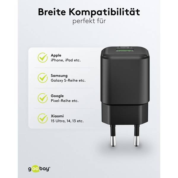 Goobay Nano Dual USB Netzteil 20 W GaN Charger, kompaktes universal Ladegerät, 1x USB-A & 1x USB-C , Schwarz-4