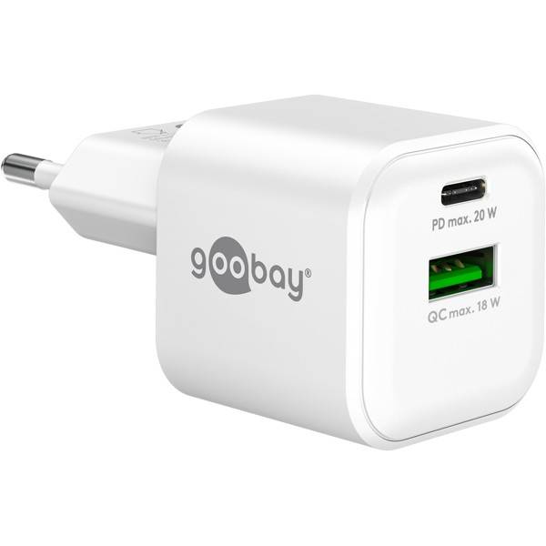 Goobay Nano Dual USB Netzteil 20 W GaN Charger, kompaktes universal Ladegerät, 1x USB-A & 1x USB-C , Weiß
