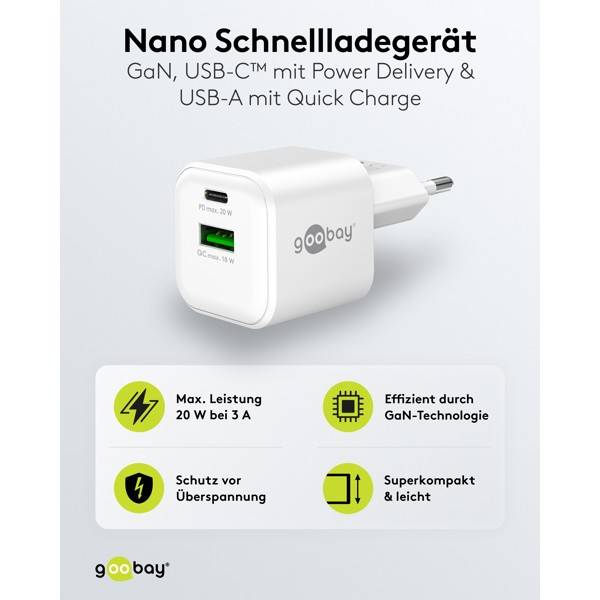 Goobay Nano Dual USB Netzteil 20 W GaN Charger, kompaktes universal Ladegerät, 1x USB-A & 1x USB-C , Weiß-1