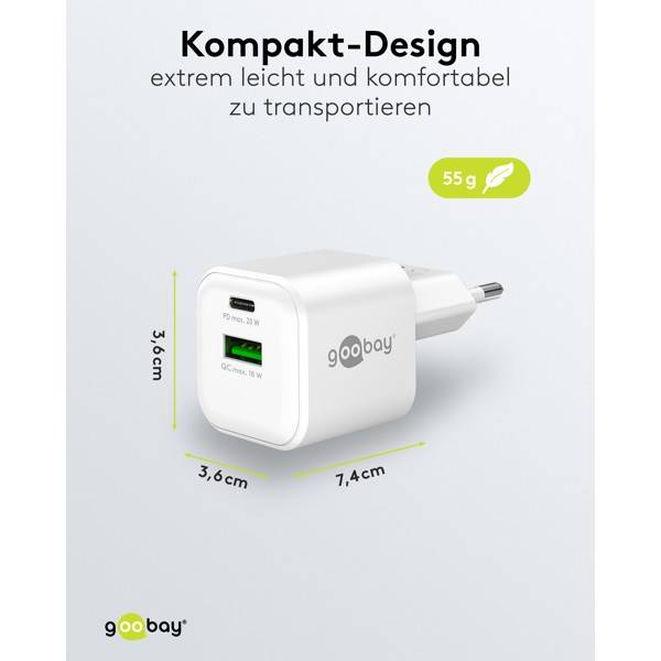 Goobay Nano Dual USB Netzteil 20 W GaN Charger, kompaktes universal Ladegerät, 1x USB-A & 1x USB-C , Weiß-2