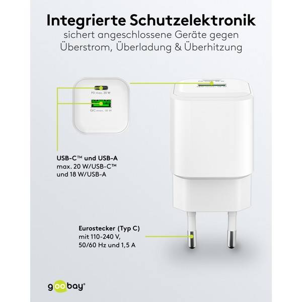 Goobay Nano Dual USB Netzteil 20 W GaN Charger, kompaktes universal Ladegerät, 1x USB-A & 1x USB-C , Weiß-3