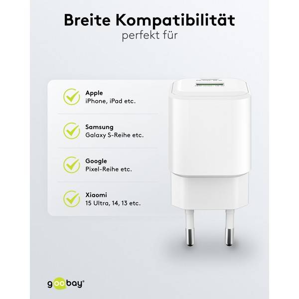 Goobay Nano Dual USB Netzteil 20 W GaN Charger, kompaktes universal Ladegerät, 1x USB-A & 1x USB-C , Weiß-4
