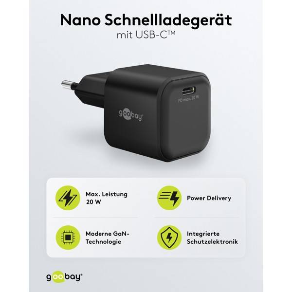 Goobay Nano USB Netzteil 20W Power Delivery GaN Charger, kompaktes universal Ladegerät, USB-C , Schwarz-1