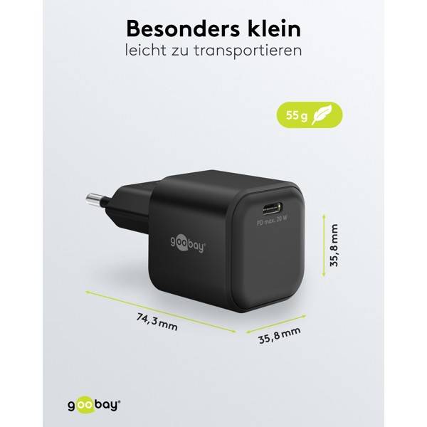 Goobay Nano USB Netzteil 20W Power Delivery GaN Charger, kompaktes universal Ladegerät, USB-C , Schwarz-2