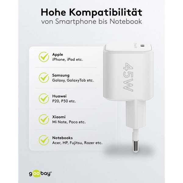 Goobay Nano USB Netzteil 45W Power Delivery GaN Charger, kompaktes universal Ladegerät, USB-C® , Weiß-6