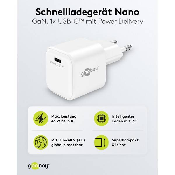 Goobay Nano USB Netzteil 45W Power Delivery GaN Charger, kompaktes universal Ladegerät, USB-C® , Weiß-1