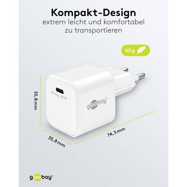 Goobay Nano USB Netzteil 45W Power Delivery GaN Charger, kompaktes universal Ladegerät, USB-C® , Weiß-2