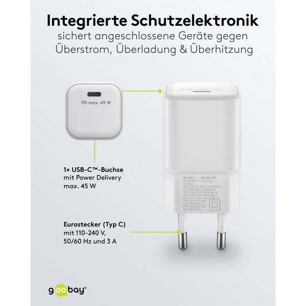 Goobay Nano USB Netzteil 45W Power Delivery GaN Charger, kompaktes universal Ladegerät, USB-C® , Weiß-3