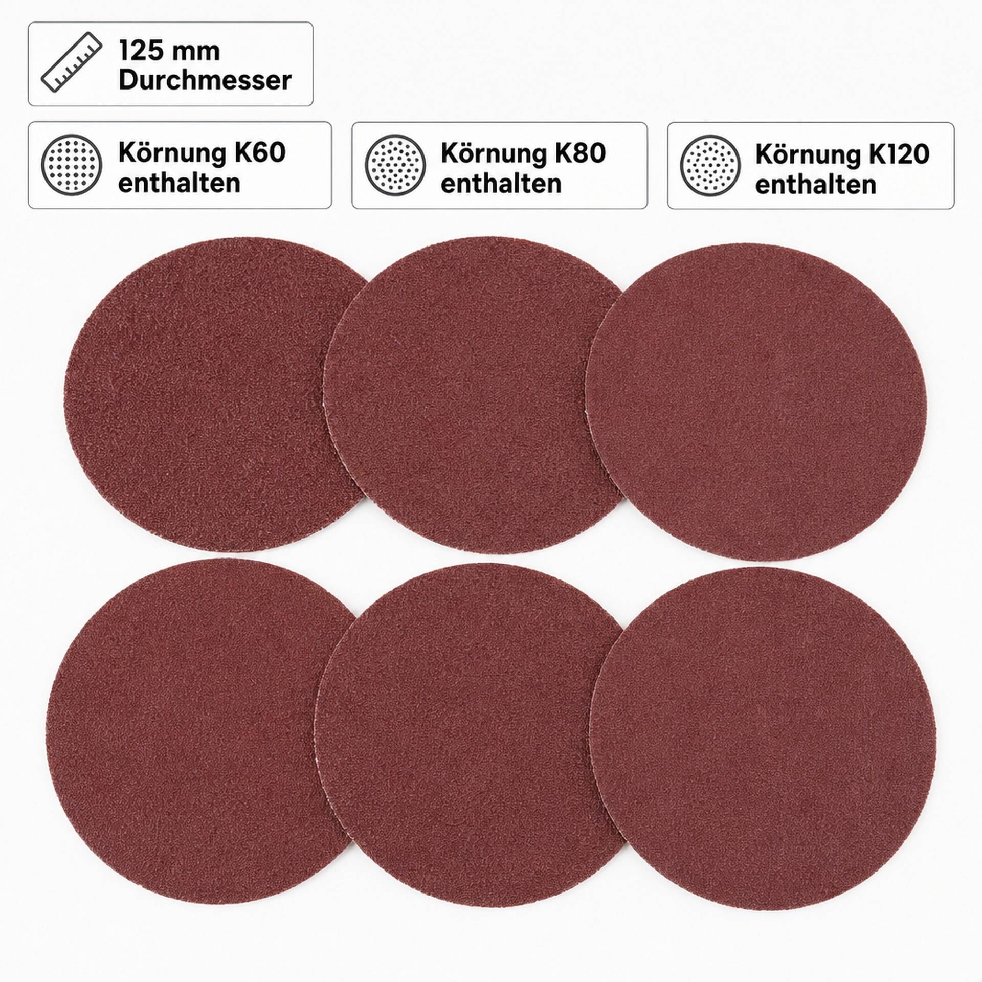 Schleifpapier Set, Durchmesser 125 mm, selbstklebend, 6 Stück (je 2 x K60-K80-K120)-2