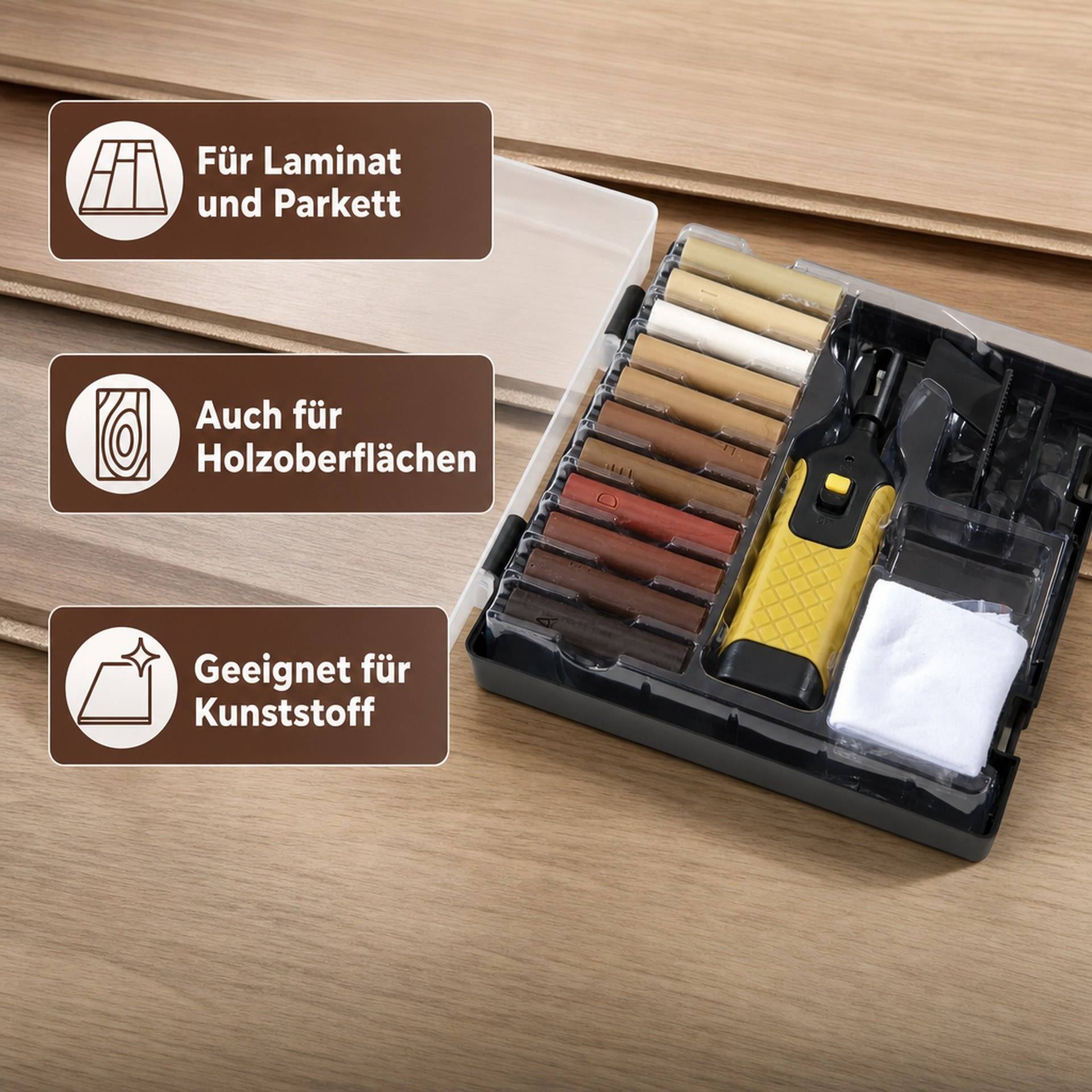 Reparatur-Set für Laminat und Parkett mit 11 Farben Hartwachsstangen-5